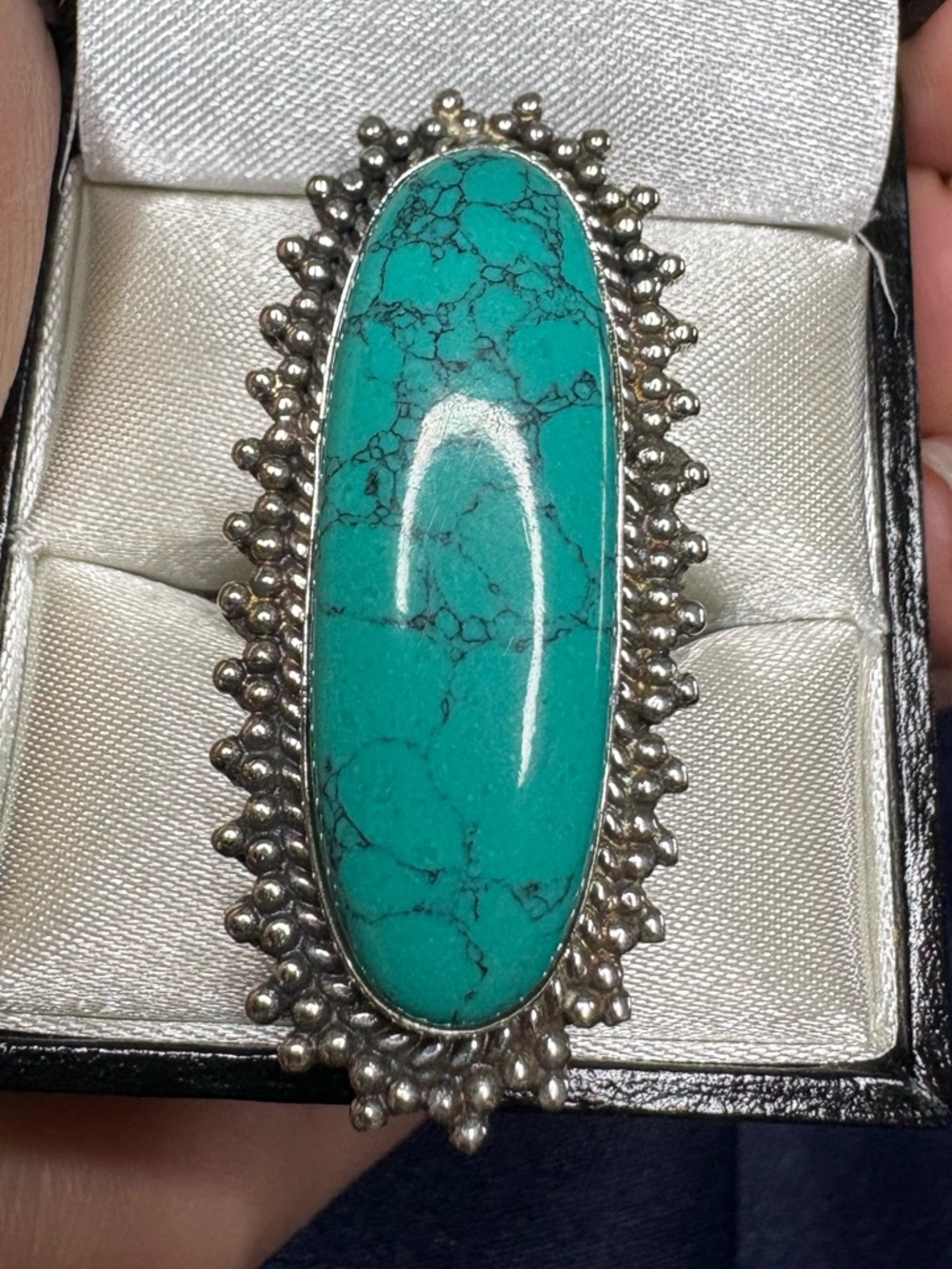 Ring Genuine Turquoise 925 Sterling Silver Oval Statement Boho Vintage Inspired